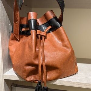 Handmade Tan and Black Leather Bucket Bag